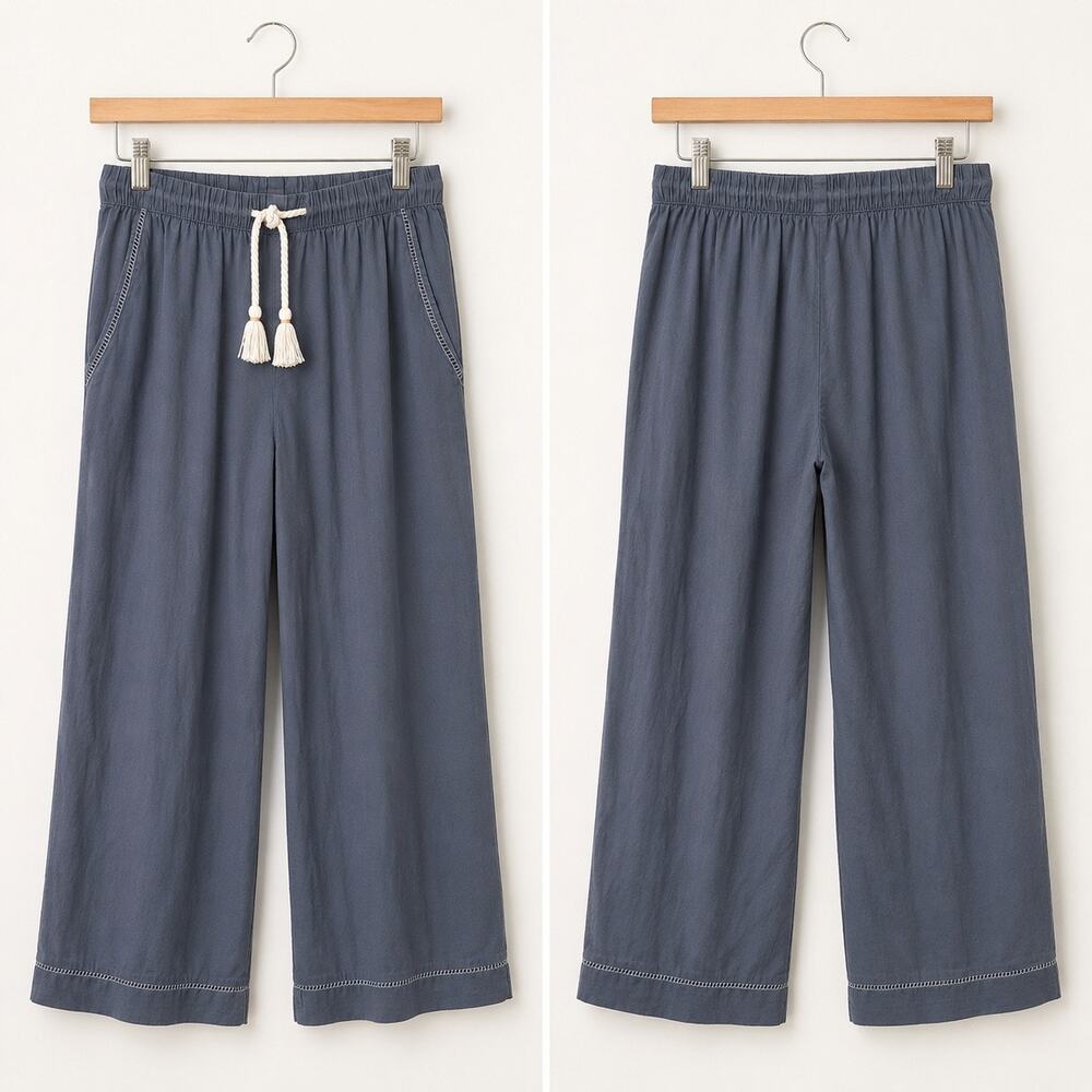 PACT | Organic Cotton Wide Leg Lounge Pants Blue Gray White Trim Tassel | Medium